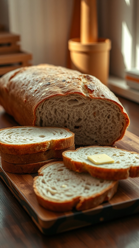 Freshly baked sourdough sandwich loaf on a wooden board, sliced and topped with melting butter.